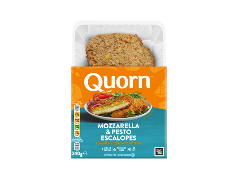 Meat free Quorn Mozzarella & Pesto Escalopes product packaging with nutritional information.