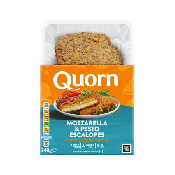 Meat free Quorn Mozzarella & Pesto Escalopes product packaging with nutritional information.