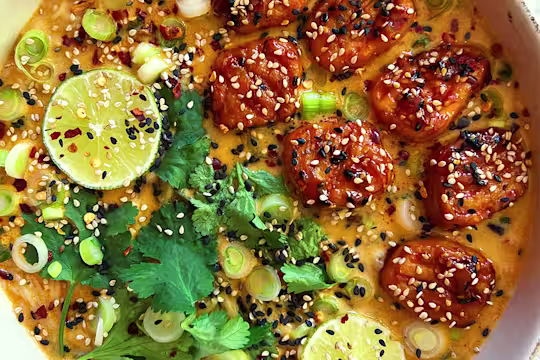Coconut Noodle Soup with sticky sriracha Quorn Pieces visible, served alongside sliced lime and coriander.