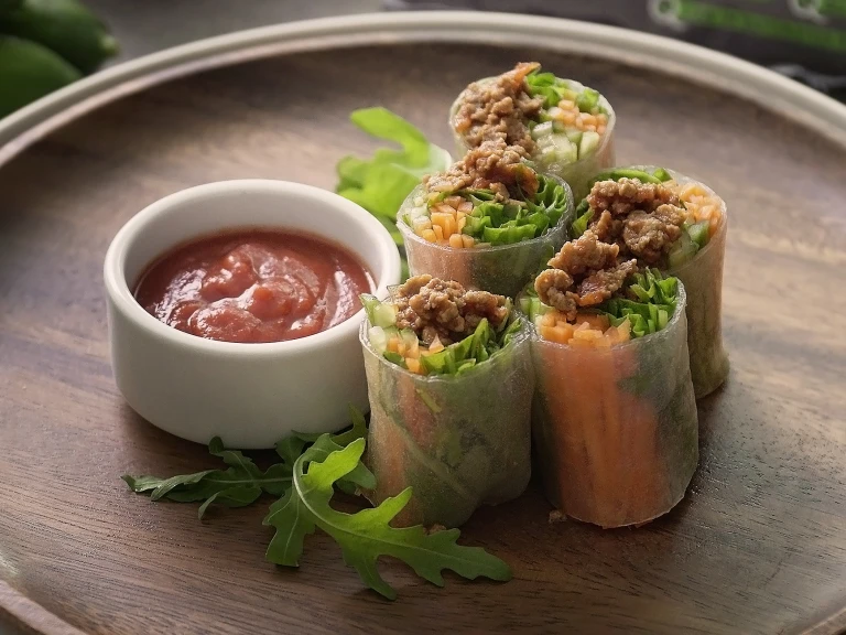 Vietnamese Rice Roll with Quorn Meat Free Mince and Bolognese Sauce 
