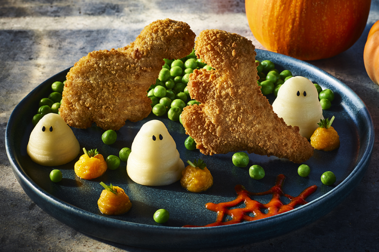 Spooky Roarsomes with Ghost Mash and Pumpkin Swede Purée