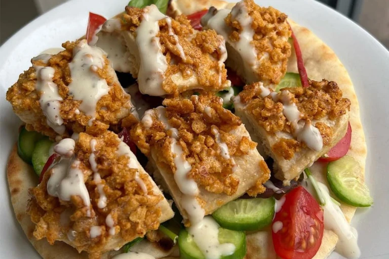 Crisp coated Quorn Fillets served with a Greek style flatbread, cucumber, tomato, lettuce and house style salad dressing. 