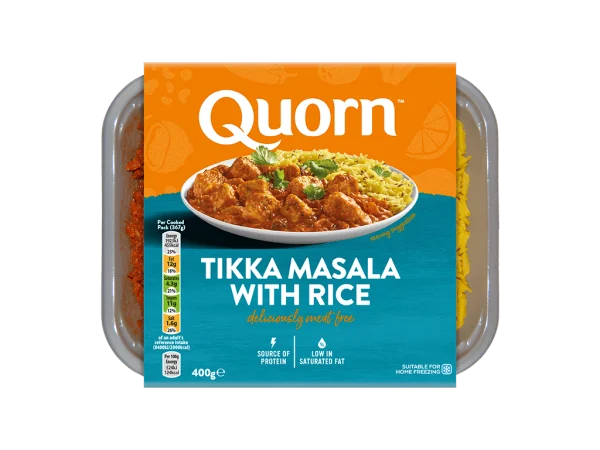 Quorn Vegetarian Tikka Masala With Rice packaging.