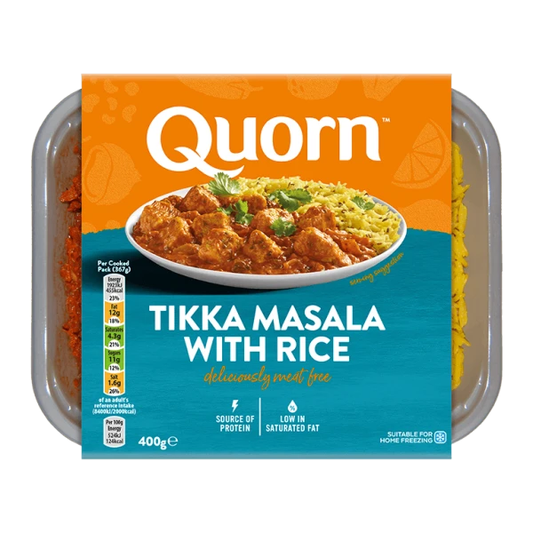 Quorn Vegetarian Tikka Masala With Rice packaging.