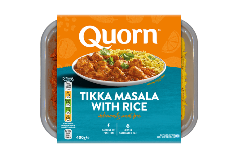 Quorn Vegetarian Tikka Masala With Rice packaging.