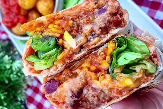 Vegetarian burrito stuffed with Quorn Vegetarian Mince, Mexican rice, cheese and lettuce.