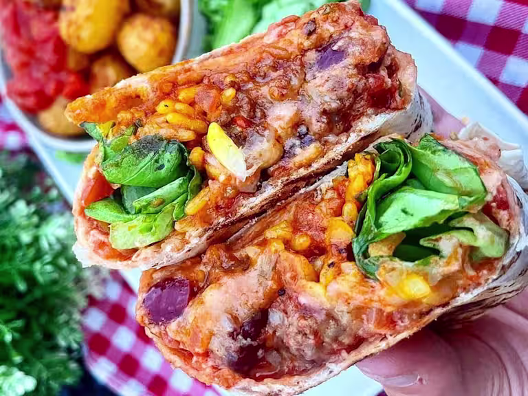 Vegetarian burrito stuffed with Quorn Vegetarian Mince, Mexican rice, cheese and lettuce.