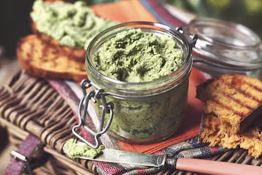 Vegetarian pate made with Quorn Pieces and spinach served in a jar on top of a picnic basket and toasted bread on the side