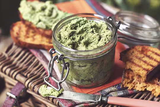 Vegetarian pate made with Quorn Pieces and spinach served in a jar on top of a picnic basket and toasted bread on the side