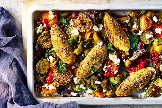Greek Style Quorn Fillets in a baking tray.
