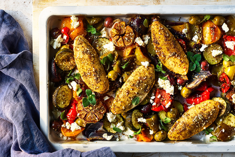Greek Style Quorn Meatless Chicken Fillets in a baking tray.