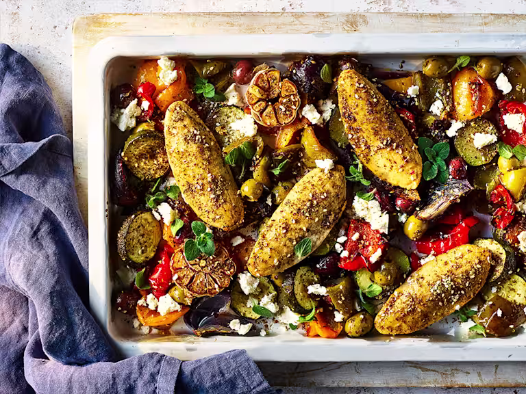 Greek Style Quorn Meatless Chicken Fillets in a baking tray.