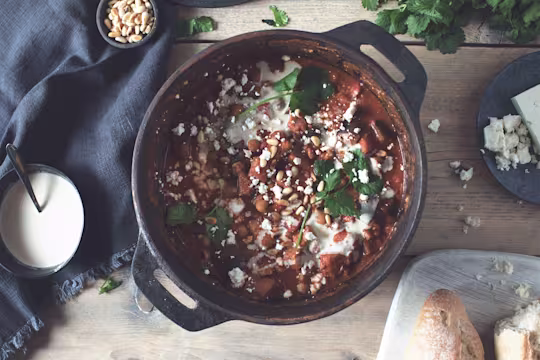 warm chickpea and quorn pieces harissa stew vegetarian recipe