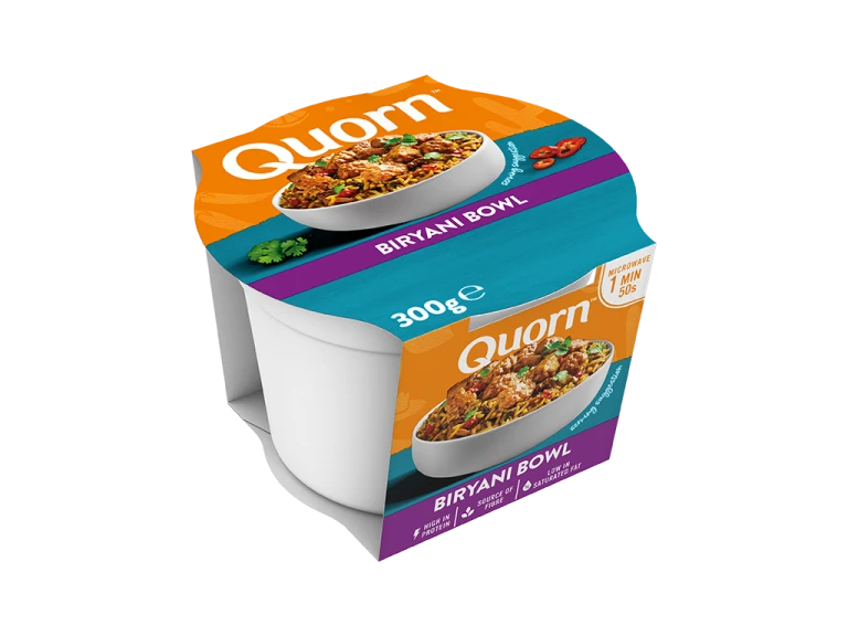 Meat free Quorn Biryani Bowl ready meal product packaging with nutritional information