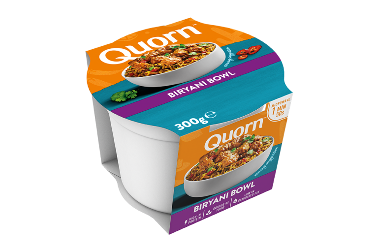 Meat free Quorn Biryani Bowl ready meal product packaging with nutritional information