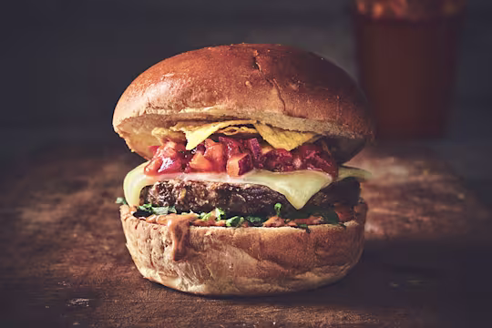 Veggie burger made with Quorn Quarter Pounders topped with cheese, relish and nachos sandwiched between a bun