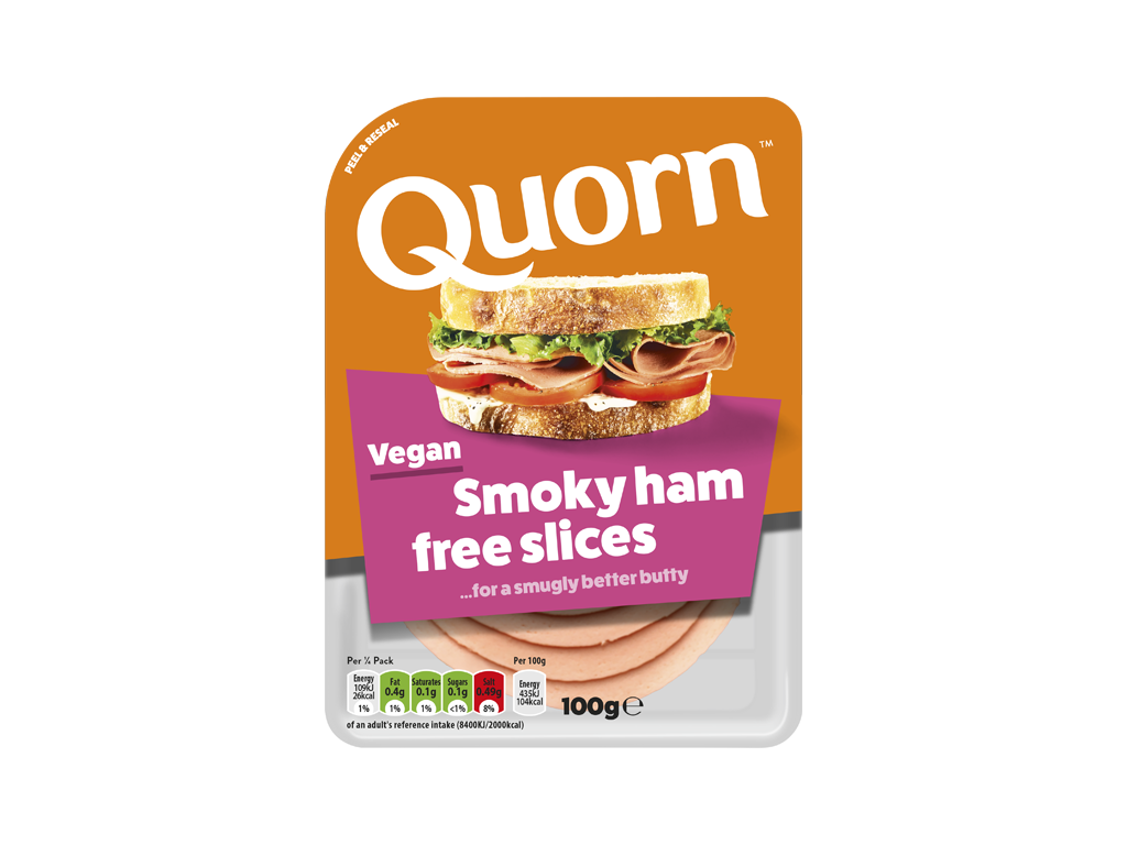 Vegetarian Quorn Smoky Ham Free Slices product packaging with nutritional information
