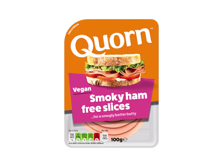 Vegetarian Quorn Smoky Ham Free Slices product packaging with nutritional information