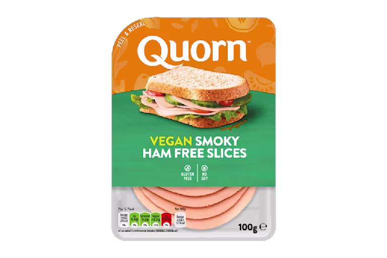 Vegetarian Quorn Smoky Ham Free Slices product packaging with nutritional information