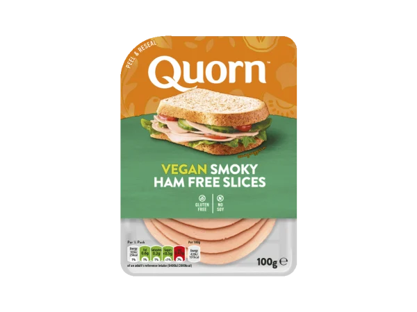 Vegetarian Quorn Smoky Ham Free Slices product packaging with nutritional information