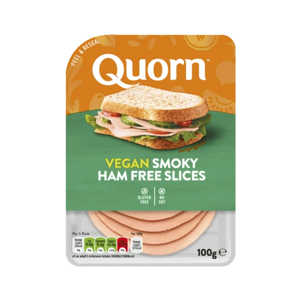 Vegetarian Quorn Smoky Ham Free Slices product packaging with nutritional information