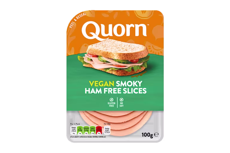 Vegetarian Quorn Smoky Ham Free Slices product packaging with nutritional information