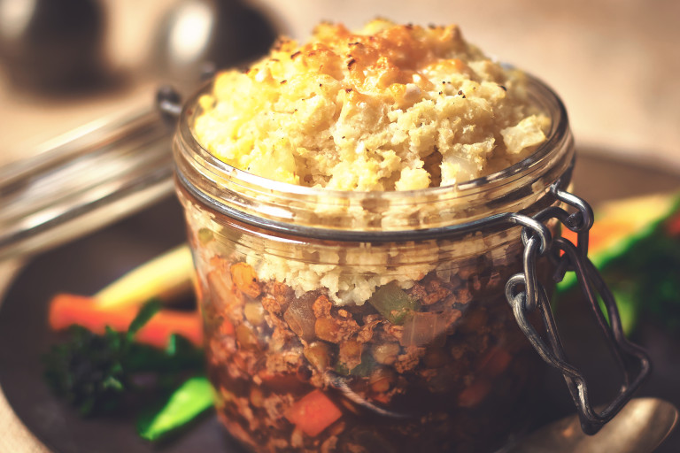 A Quorn Grounds shepherd's pie topped with cauliflower rice and made in a flip-top jar.