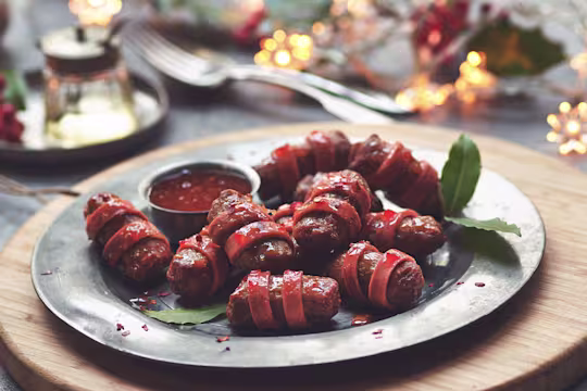 Vegetarian Pigs in Blankets made with Quorn Cocktail Sausage wrapped in Quorn Vegan Ham Slices on a plate with bay leaves and tomato sauce.