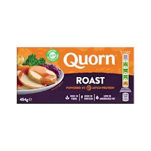 A box of Quorn Roast showing the prepared product and information on an orange and charcoal background.