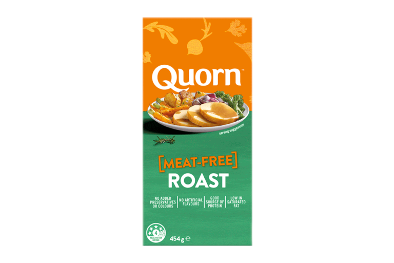 A box of Quorn Roast showing the prepared product and information on an orange and charcoal background.