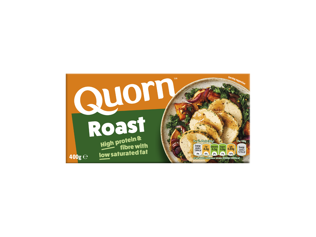 A box of Quorn Roast showing the prepared product and information on an orange and charcoal background.