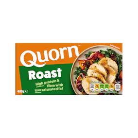 A box of Quorn Roast showing the prepared product and information on an orange and charcoal background.
