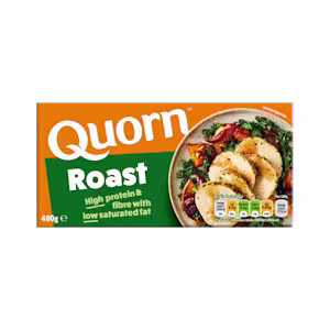 A box of Quorn Roast showing the prepared product and information on an orange and charcoal background.