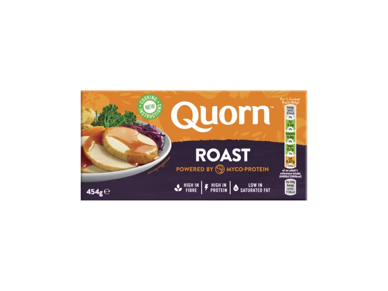 A box of Quorn Roast showing the prepared product and information on an orange and charcoal background.