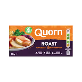 A box of Quorn Roast showing the prepared product and information on an orange and charcoal background.