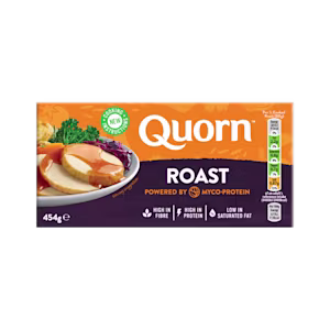 A box of Quorn Roast showing the prepared product and information on an orange and charcoal background.