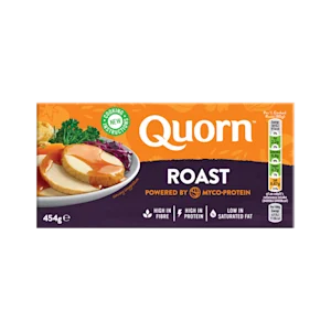 A box of Quorn Roast showing the prepared product and information on an orange and charcoal background.