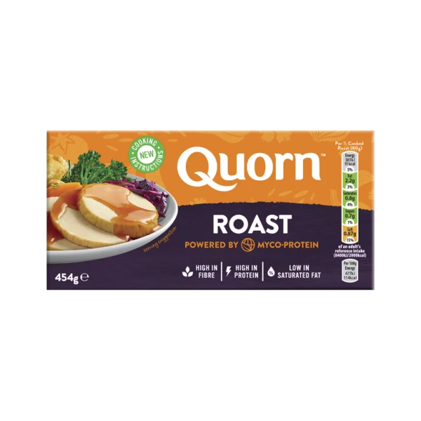A box of Quorn Roast showing the prepared product and information on an orange and charcoal background.