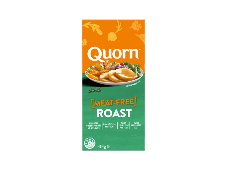 A box of Quorn Roast showing the prepared product and information on an orange and charcoal background.