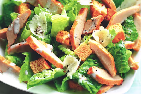Quorn vegetarian chicken Caesar salad with lettuce croutons and creamy dressing