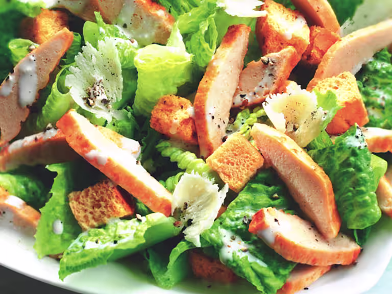 Quorn vegetarian chicken Caesar salad with lettuce croutons and creamy dressing
