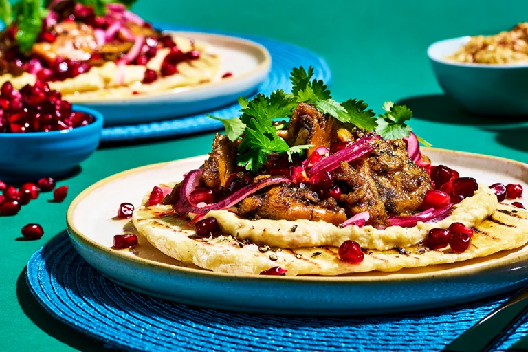 Flatbread topped with Quorn Vegan Pieces in Turkish spices, hummus, pickled red onion, pomegranate, coriander, and honey & lemon dressing on a blue placemat on a jade green backdrop.