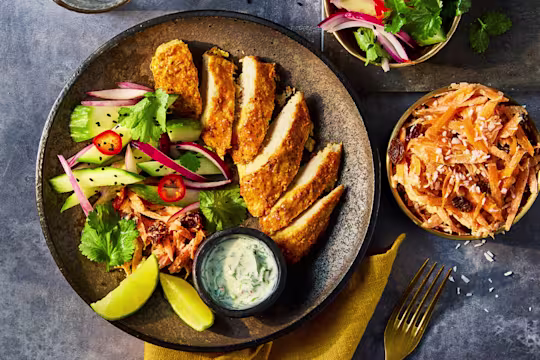 Quorn Chicken Fillets with a tandoori coating with a side salad and mint yoghurt dip served in a grey dish.