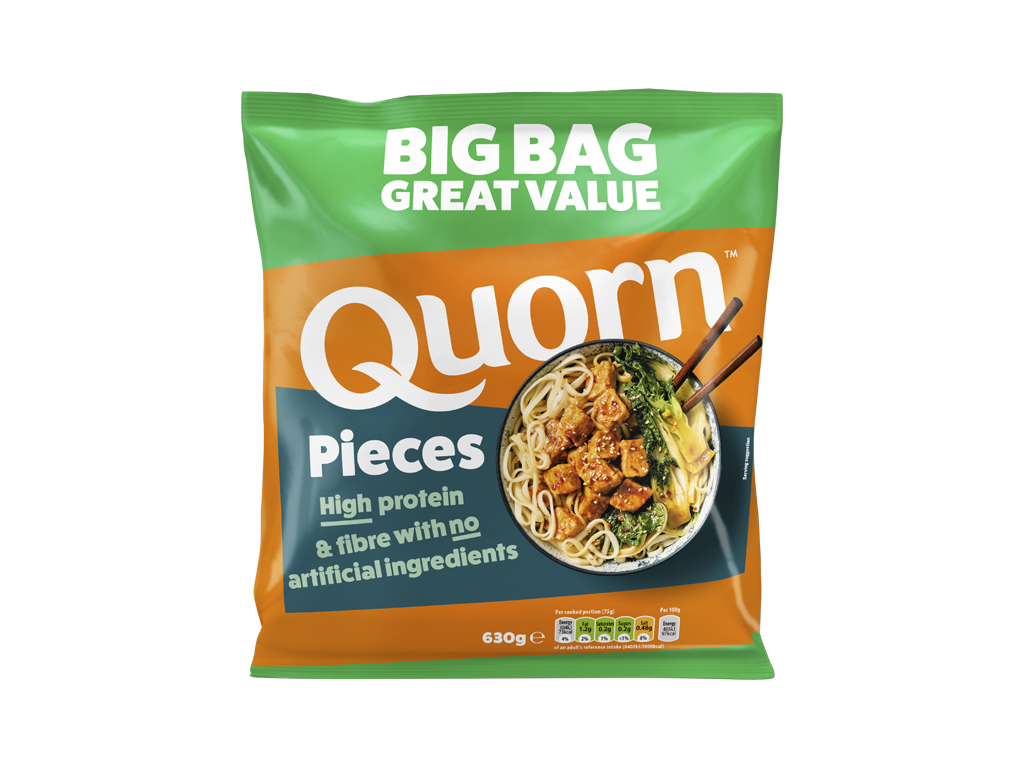 A bag of Quorn Pieces showing the prepared product and information on an orange and charcoal background.