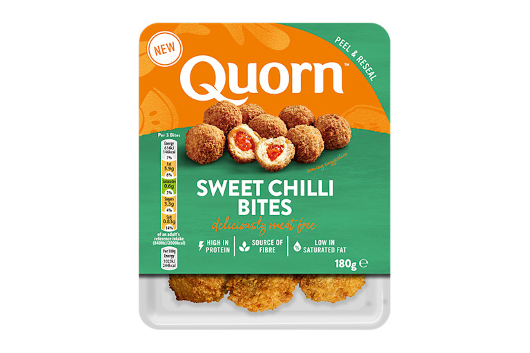 A packet of Quorn Sweet Chilli Bites showing the prepared product and information on an orange and sage green background.