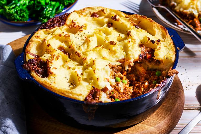 Quorn Vegetarian Cottage Pie, made with Quorn Mince, potato, carrots and peas, served on a plate