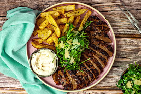 Steak frites with Quorn Vegetarian Peppered Steak, chips and garlic aioli with a garnish of green rocket.