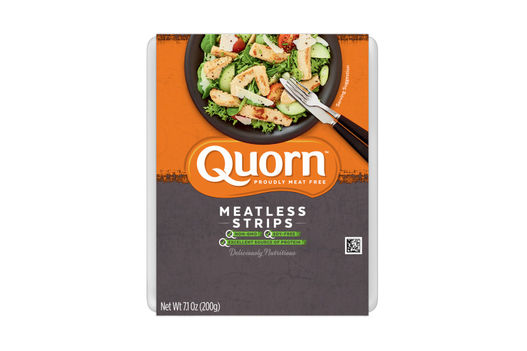 A package of Quorn Meatless Strips with the product visible under an orange and charcoal band showing the product and product information.