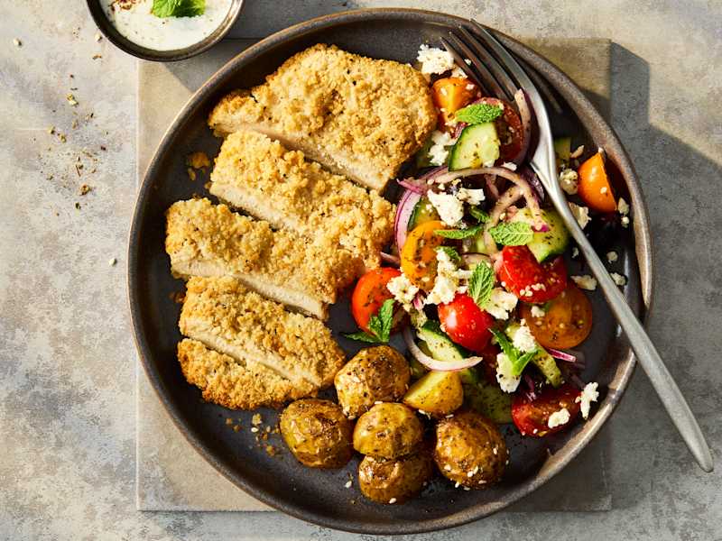 Greek Salad Recipe with Quorn Lemon and Pepper Schnitzel