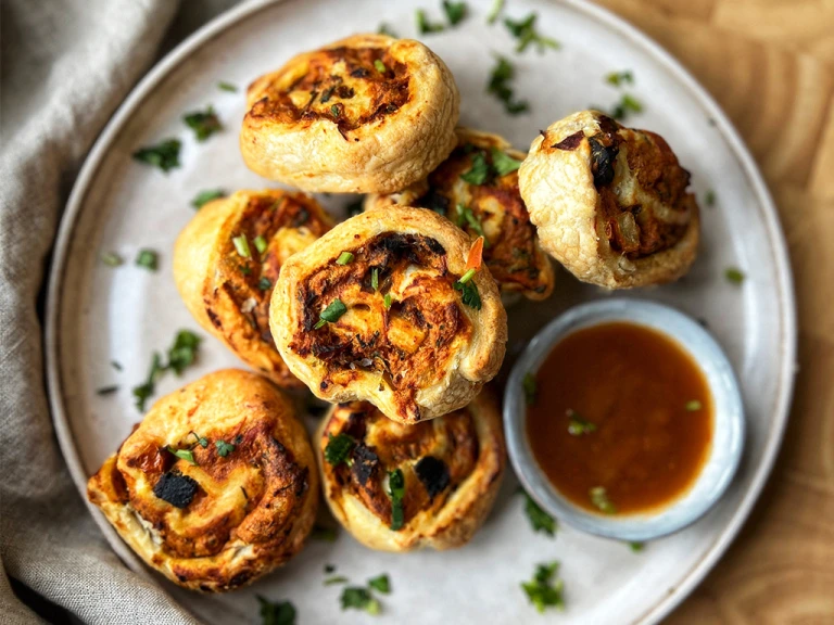 Masala pastry swirls on a plate served with coriander and hot dipping sauce in a bowl.